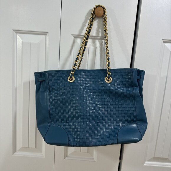 Joan Rivers Slouchy Teal Faux Leather Woven Tote Shoulder Bag Gold Chain Strap L - Picture 2 of 16